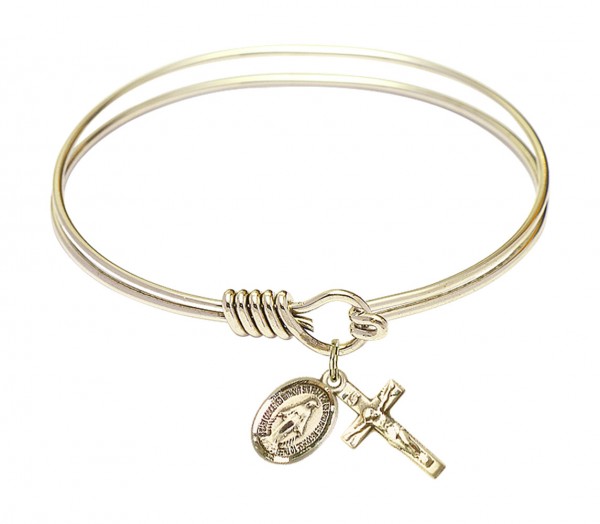 Smooth Bangle Bracelet with a Miraculous and Crucifix Charm - Gold