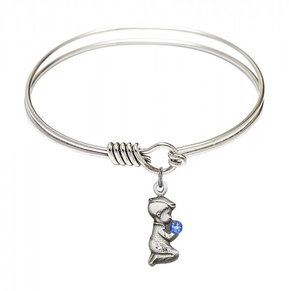 Smooth Bangle Bracelet with a Praying Boy Charm - Blue | Silver