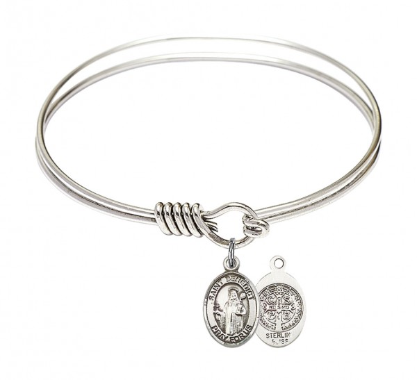 Smooth Bangle Bracelet with a Saint Benedict Charm - Silver