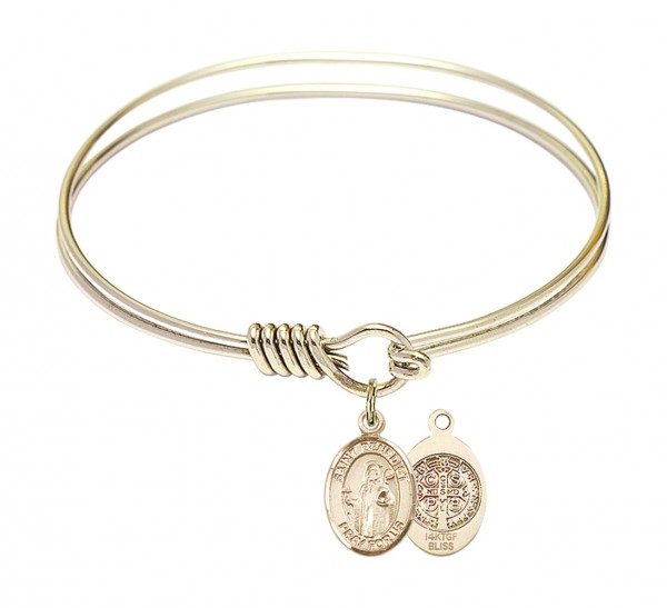 Smooth Bangle Bracelet with a Saint Benedict Charm - Gold