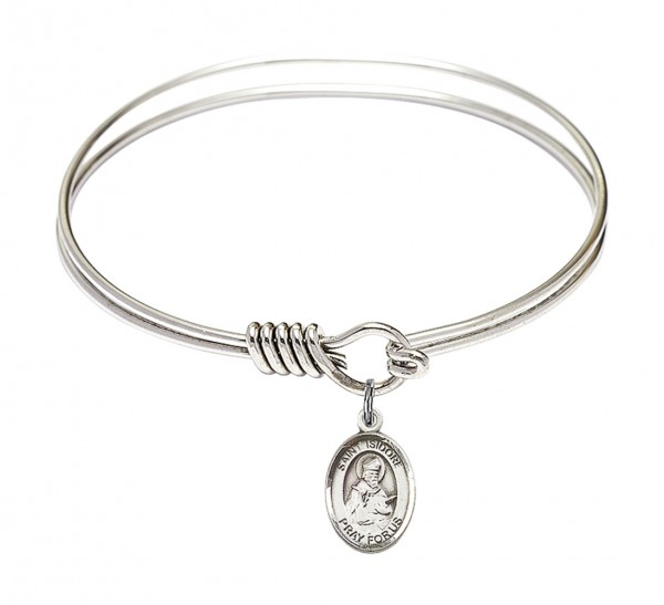 Smooth Bangle Bracelet with a Saint Isidore of Seville Charm - Silver