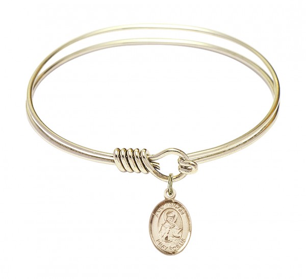 Smooth Bangle Bracelet with a Saint Isidore of Seville Charm - Gold