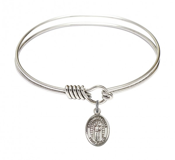 Smooth Bangle Bracelet with a Saint Matthias the Apostle Charm - Silver