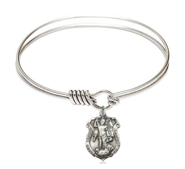 Smooth Bangle Bracelet Saint Michael Shield Charm - Silver