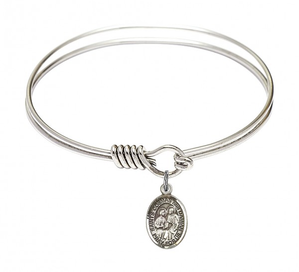 Smooth Bangle Bracelet with a Sts. Cosmas &amp; Damian Charm - Silver
