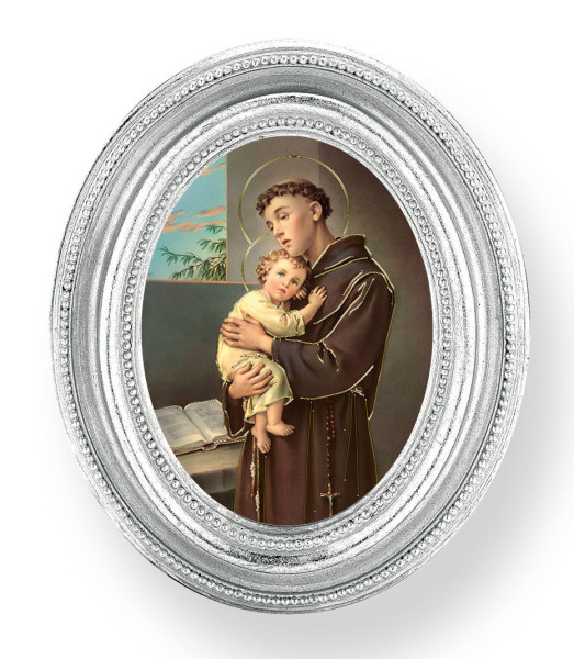 St. Anthony Small 4.5 Inch Oval Framed Print - Silver