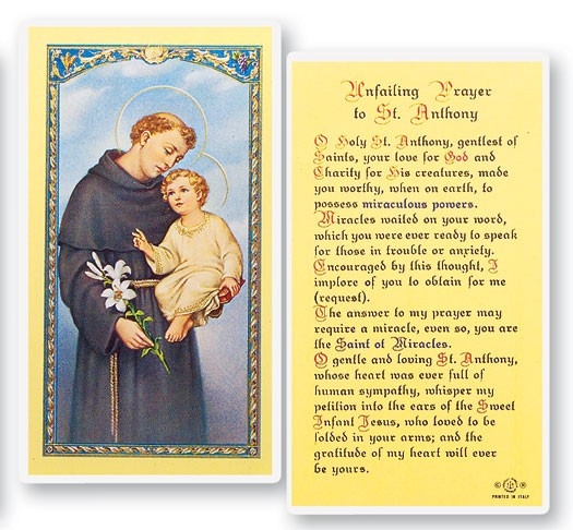 St. Anthony, Unfailing Laminated Prayer Card - 1 Prayer Card .99 each