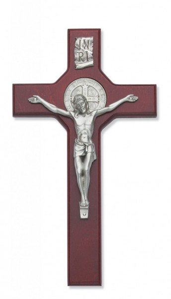 St. Benedict 10 1/2 inch Silver Tone Stained Cherry Wood Wall Crucifix - Cherry Wood