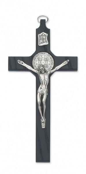St. Benedict 8 inch Silver Tone Black Stained Wood Wall Cross - Black