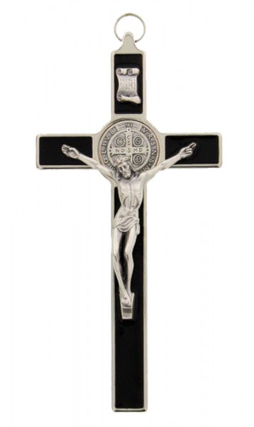 St. Benedict Crucifix with Black Enamel 7.5&quot; - Silver | Black