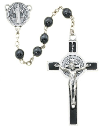 St. Benedict Rosary, 6mm Hematite Beads - 20&quot;L - Gray
