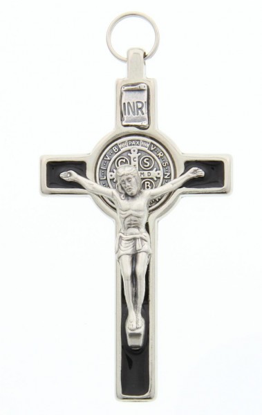 St. Benedict Silver with Black Enamel Pectoral Crucifix 3&quot; - Black | Silver