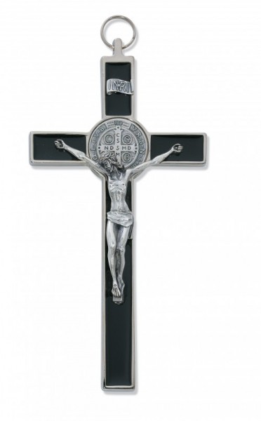 St. Benedict Wall Crucifix with Black Epoxy 8 inch - Silver
