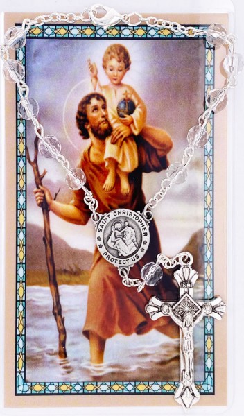 St. Christopher Auto Rosary with Prayer Card - Crystal