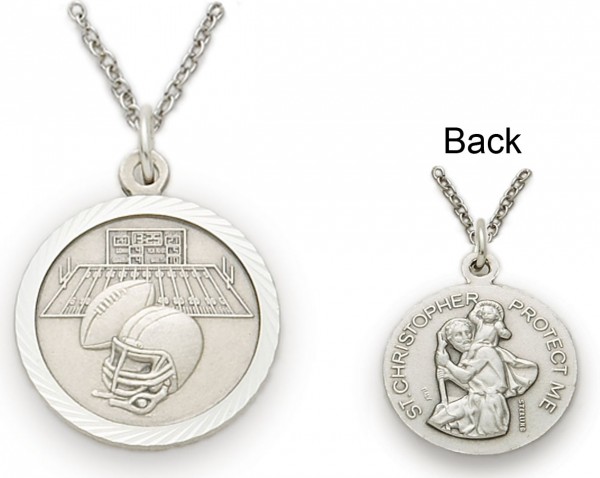 St. Christopher Football Sports Medal with Chain - Silver