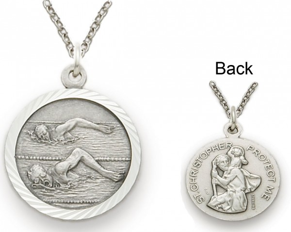 St. Christopher Male Swimming Sports Medal with Chain - Silver