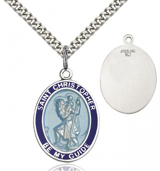 Blue Enamel St. Christopher Medal - Sterling Silver