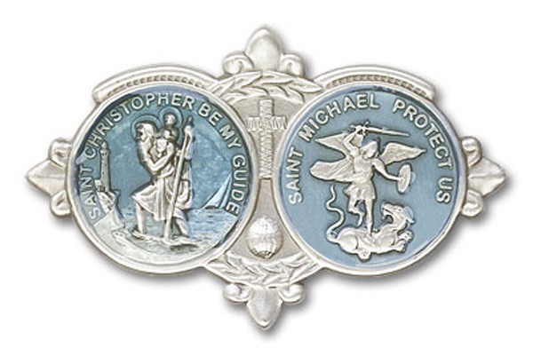 St Christopher &amp; St Michael Visor Clip - Blue | Silver