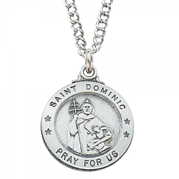 St Dominic Dominique Religious Round Medal Silver Tone Pendant with Rhinestones