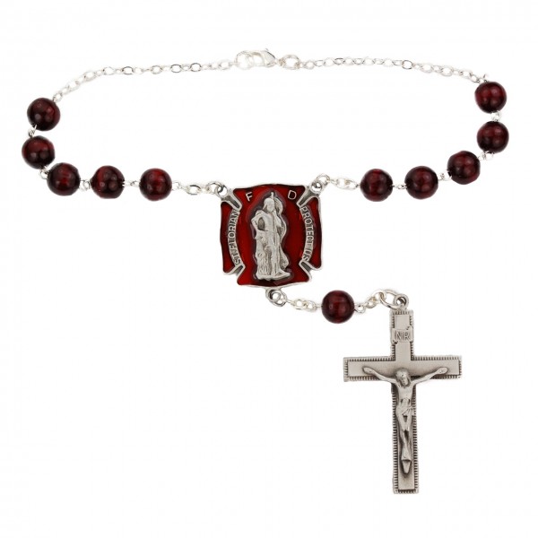 St. Florian Red Enamel Firefighter Auto Rosary - Red