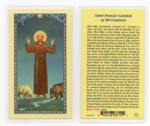 St. Francis Canticle of All Laminated Prayer Card - 1 Prayer Card .99 each