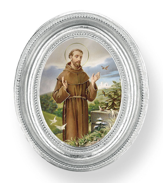 St. Francis Small 4.5 Inch Oval Framed Print - Silver