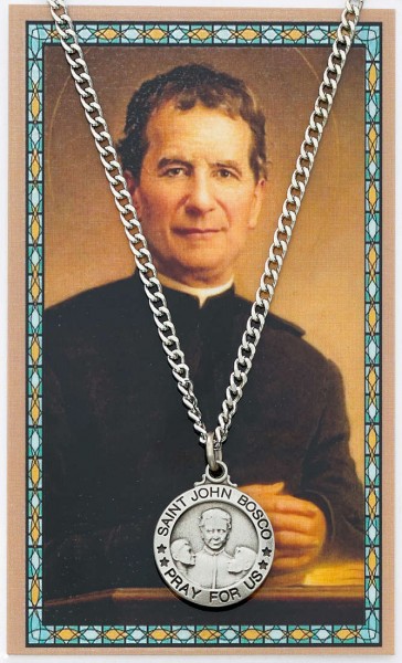 St. John Bosco Medal with Prayer Card - Silver tone