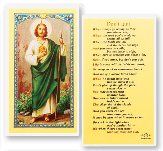 St. Jude, Don't Quit Holy Card Laminated Prayer Card - 1 Prayer Card .99 each
