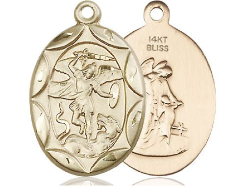 St. Michael Oval Scalloped Medal With Medical Back - 14K Solid Gold