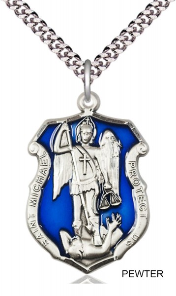 St. Michael Shield Necklace with Blue Epoxy - Pewter