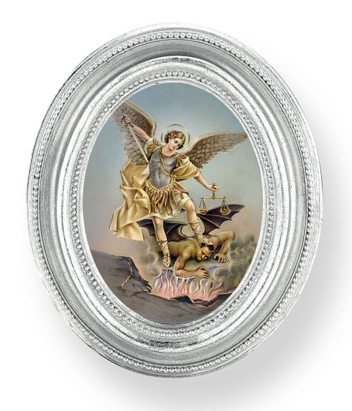 St. Michael Small 4.5 Inch Oval Framed Print - Silver