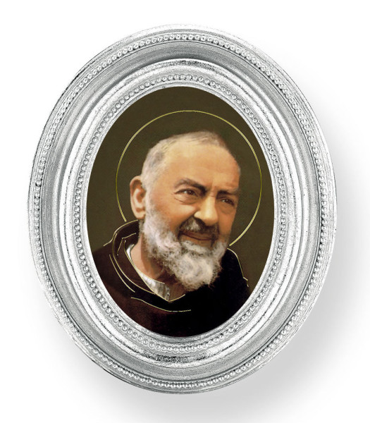 St. Pio Small 4.5 Inch Oval Framed Print - Silver