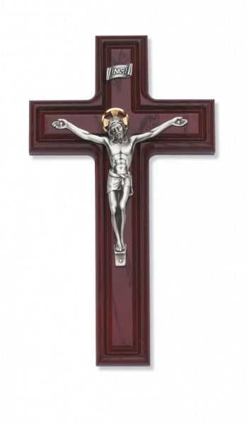 Dimensional Edge Stained Cherry Wall Crucifix 10 inch - Silver