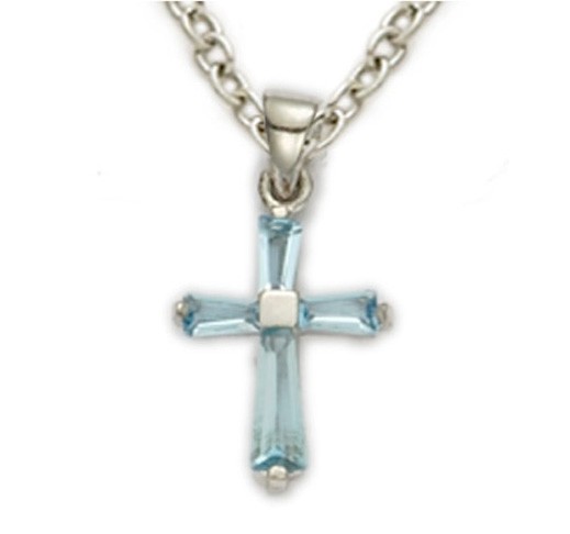 Baby's Birthstone Baguette Cross Necklace - Aqua