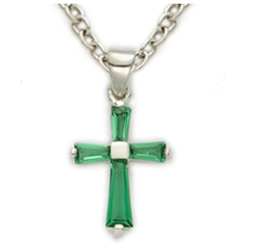 Baby's Birthstone Baguette Cross Necklace - Emerald Green