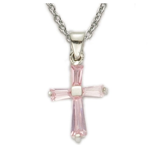 Baby's Birthstone Baguette Cross Necklace - Pink