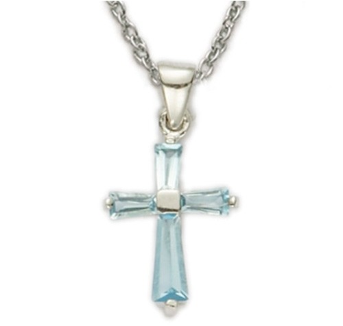 Baby's Birthstone Baguette Cross Necklace - Blue Topaz
