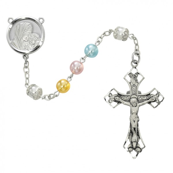 Sterling Silver Multi-Colored Pearlized Bead Rosary - Pearl White
