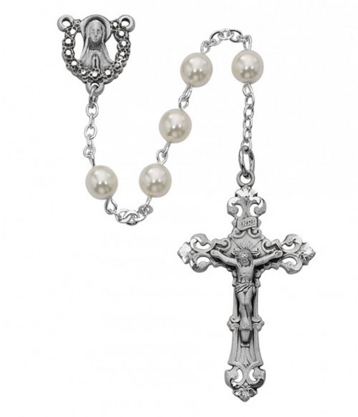 Sterling Silver Praying Madonna Pearlized Rosary - Pearl White