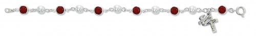 Sterling Silver Red Stone and Pearl Bracelet - Red | Silver