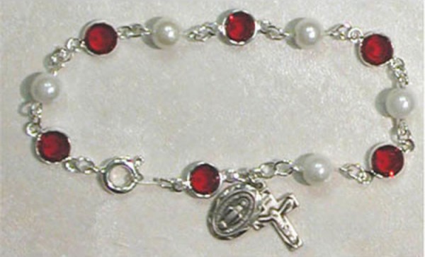 Sterling Silver Rosary Bracelet with Pearl and Ruby Austrian Crystal Beads - Multi-Color