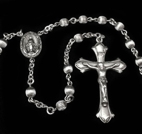 Sterling Silver Rosary, Corrugated 5mm beads - Sterling Silver