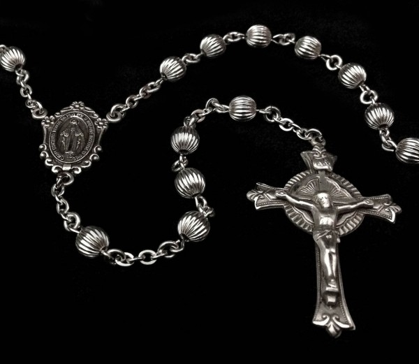 Sterling Silver Rosary, Corrugated 6mm beads - Sterling Silver