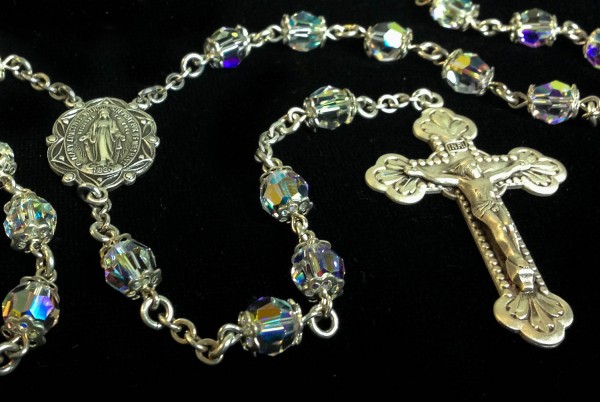 Swarovski Crystal Rosary in Sterling Silver with Baroque Crucifix - Clear