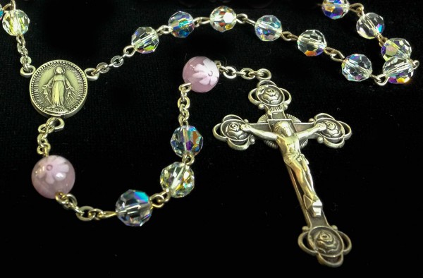 Swarovski Crystal Rosary with Pink Flower Murano Glass Our Father Beads - Clear