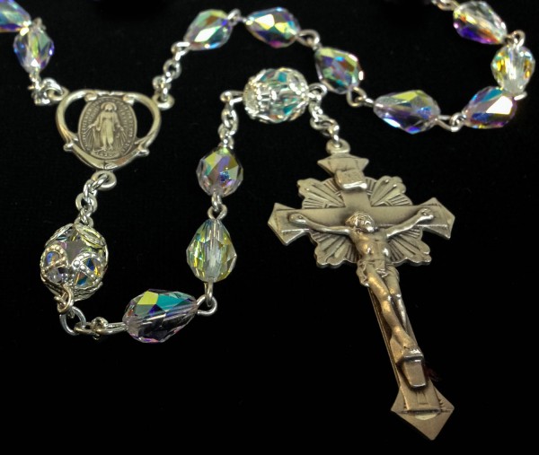 Swarovski Crystal Tear Drop Rosary in Sterling Silver - Clear