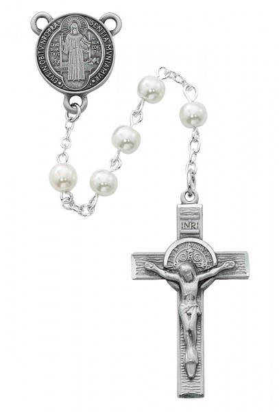 Textured Crucifix St. Benedict Rosary - Pearl White