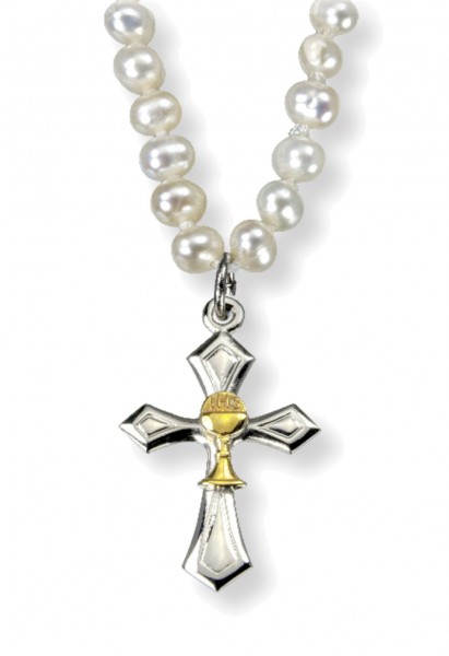 Two-Tone Cross with Chalice and Freshwater Pearl Necklace - Two-Tone Silver