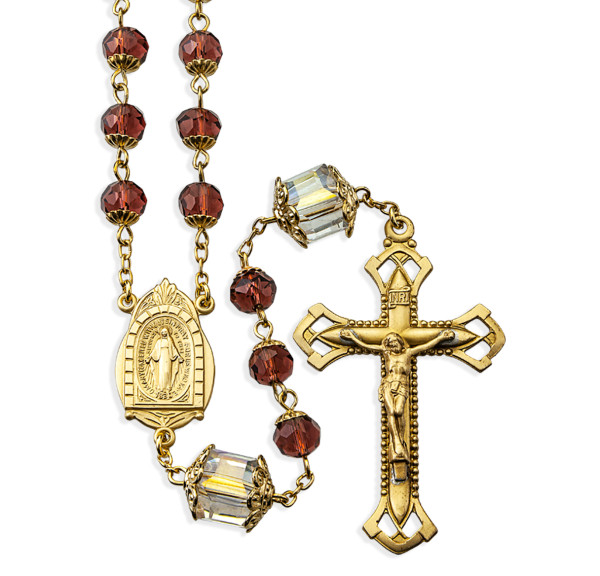 Vintage Inspired Amethyst Glass Bead Rosary with Solid Brass Crucifix and Centerpiece - Purple