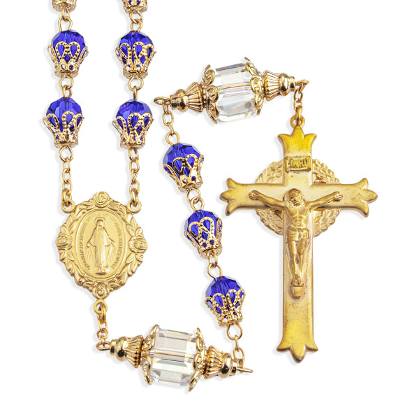 Vintage Inspired Cobalt Blue Glass Bead Rosary with Solid Brass Crucifix and Center - Blue